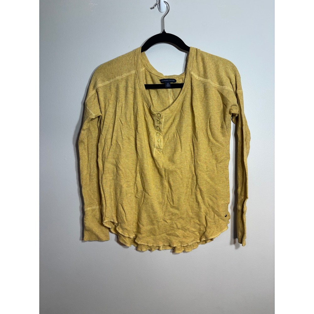 American Eagle Mustard Yellow Waffle‎ Knit Henley Long Sleeve Thermal Top Small